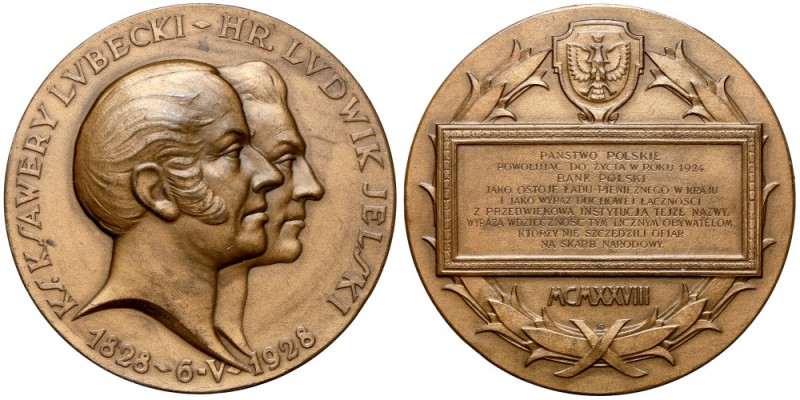 Medal, 100-lecie Banku Polskiego, Lubecki-Jelski 1928 Nierówne wybarwienie patyn...
