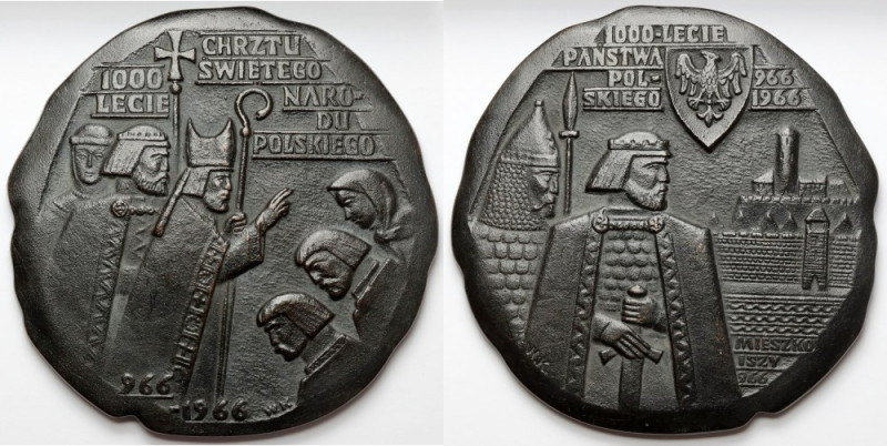 Medal, 1000-lecie Państwa Polskiego 1966 - duży Brąz patynowany (?), 'średnica' ...