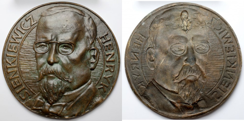 Medalion (18cm) Henryk Sienkiewicz Sygnowany na ramieniu. 
 Brąz, średnica 177 ...