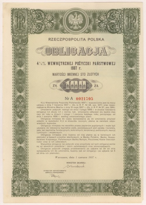 4.5% Poż. Wewnętrzna 1937, Obligacja na 100 zł - seria A Reference: Mazur E.45.4...