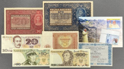 Banknoty polskie, pożyczka premiowa + kartka i znaczek z JP II (9szt)