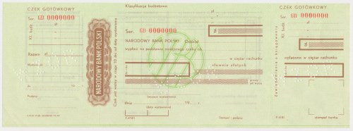 NBP, Czek gotówkowy WZÓR z numeracja 0000000 Perforacja WZÓR. Wymiary: 26.5 x 9....