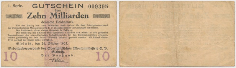 Gliwice (Gleiwitz), 10 mld mk 1923 Reference: Keller 1806.g
Grade: VF 

More ...