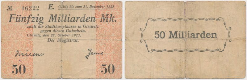 Gliwice (Gleiwitz), 50 mld mk 1923 Reference: Keller 1805.f
Grade: VG 

More ...