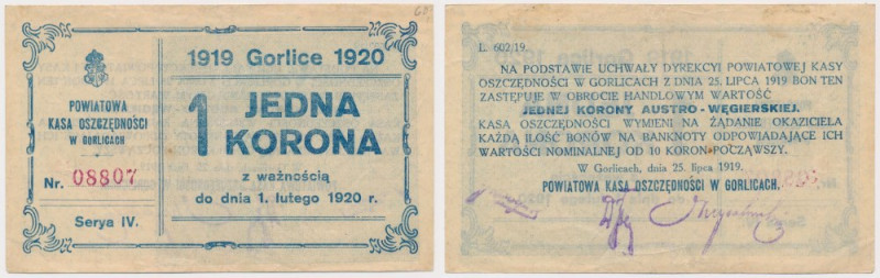 Gorlice, Powiatowa Kasa Oszczędności, 1 korona 1920 Reference: Podczaski G-106.A...