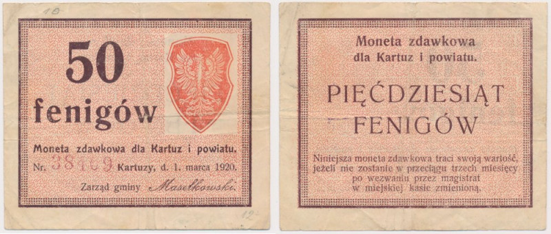 Kartuzy, 50 fenigów 1920 Reference: Podczaski W-022.1.a
Grade: VF 

More phot...
