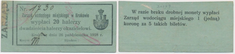 Kraków, Zarząd wodociągu miejskiego, 20 halerzy 1918 Z małym naddarciem na dolny...