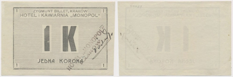 Kraków, Kawiarnia MONOPOL, 1 korona (1919) Bez ugięć w polu. Małe niedoskonałośc...