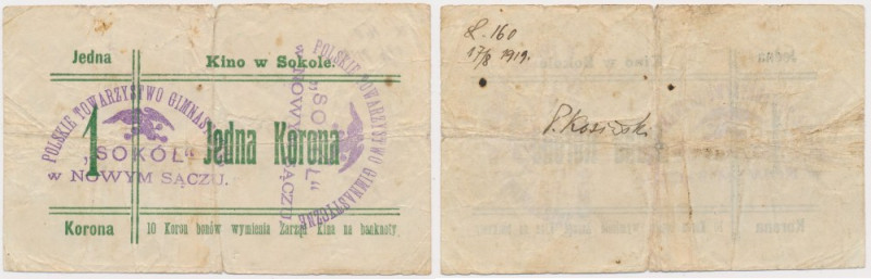 Nowy Sącz, Kino w Sokole, 1 korona (1919) Duża rzadkość. Reference: Podczaski G-...
