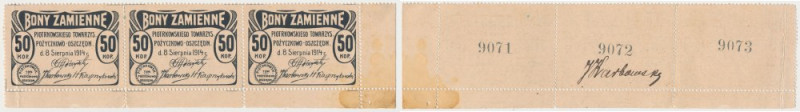 Piotrków, fragment ARKUSZA 3x 50 kop 1914 - z numerami i podpisem Lewy bon złama...