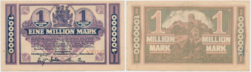 Sobieszów (Hermsdorf), 1 mln mk 1923 Reference: Keller 2335.a
Grade: XF 

Mor...