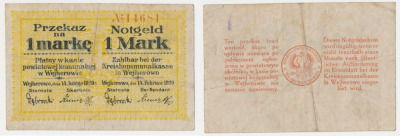 Wejherowo, 1 marka 1920 Reference: Podczaski W-063.B.2.a
Grade: F+ 

More pho...