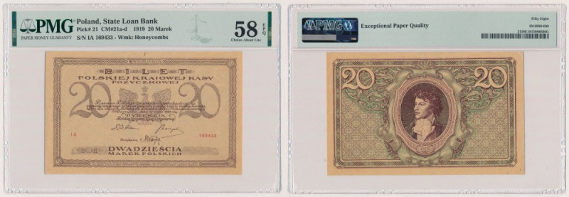 20 mkp 1919 - IA Reference: Miłczak 21d
Grade: PMG 58 EPQ 

More photos and f...