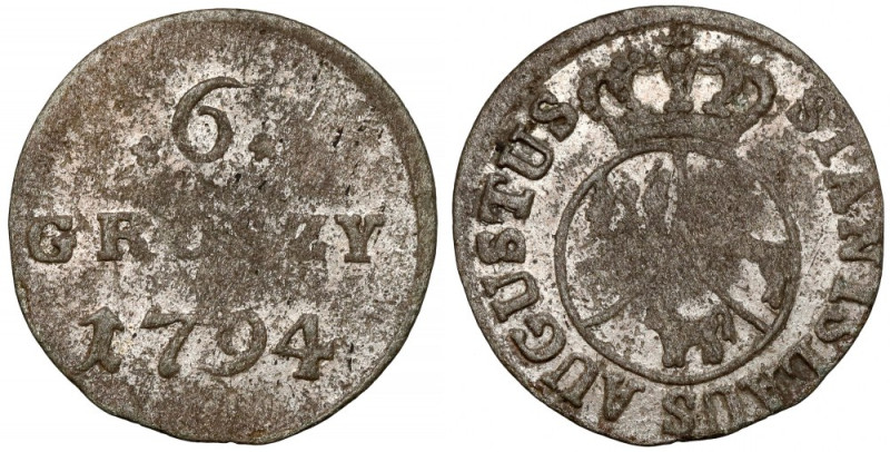Poniatowski, 6 groszy 1794 - drugi typ Odmiana z późniejszym typem tarczy herbow...