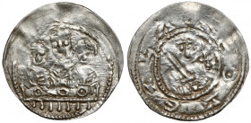 Bolesław IV Kędzierzawy, Denar - Trzech za stołem - krzyż R4