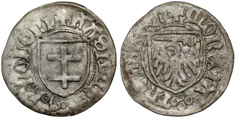 Kazimierz IV Jagiellończyk, Szeląg Toruń Odmiana z legendami rozpoczętymi krzyża...