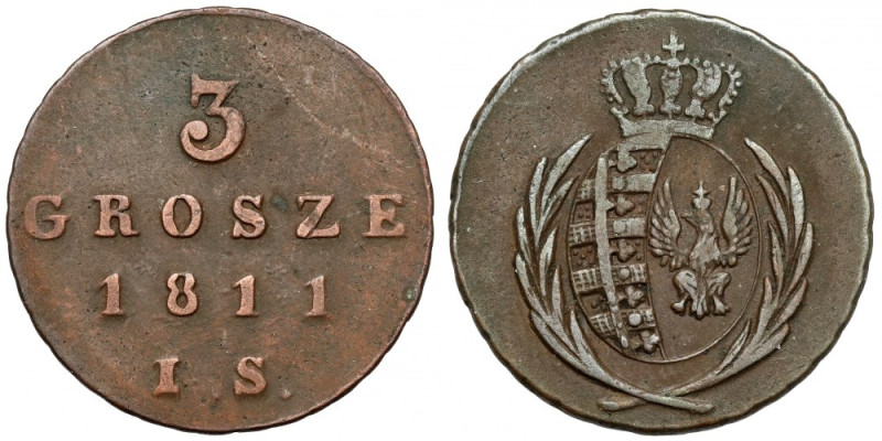 Księstwo Warszawskie, 3 grosze 1811 IS Ponadprzeciętny stan zachowania, ładna po...