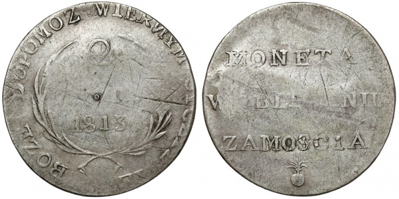 Oblężenie Zamościa, 2 złote 1813 - odwrócone N Bardzo rzadka odmiana dwuzłotówki...