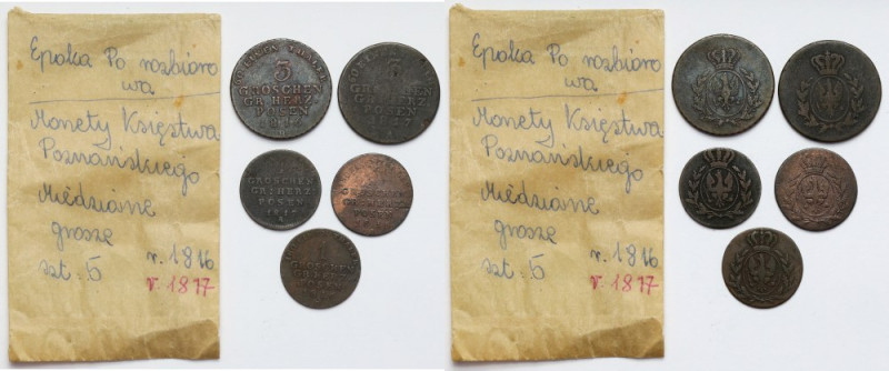 Wielkie Księstwo Poznańskie, 1 i 3 grosze 1816-1817 (5szt) W zestawie warte uwag...