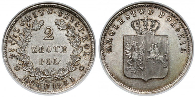 Powstanie Listopadowe, 2 złote 1831 KG Menniczy egzemplarz. Bardzo ładnie wybity...