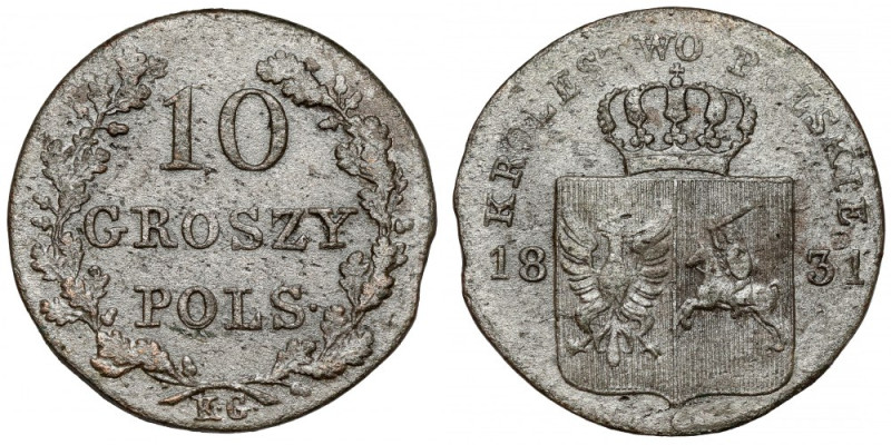 Powstanie Listopadowe, 10 groszy 1831 KG - zgięte Odmiana ze zgiętymi nogami orł...
