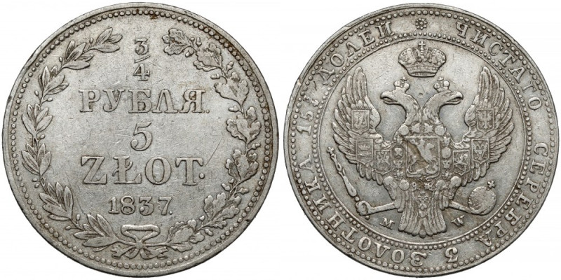 3/4 rubla = 5 złotych 1837 MW, Warszawa Częściowo zachowany ładny, świeży połysk...