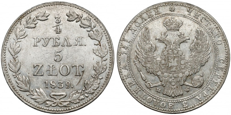 3/4 rubla = 5 złotych 1839 MW, Warszawa Zachowane ładne, świeże lustro mennicze ...