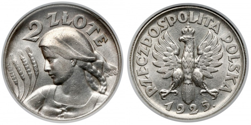 Kobieta i kłosy 2 złote 1925 z kropką, Londyn Reference: Parchimowicz 109.d
Gra...