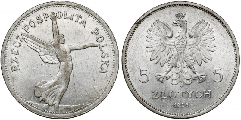 Nike 5 złotych 1928 bez znaku, Bruksela Delikatnie przetarta na awersie, ładna i...