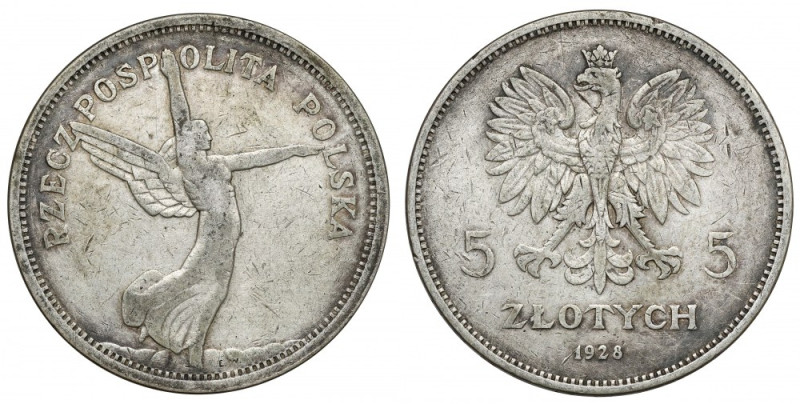 Nike 5 złotych 1928 bez znaku, Bruksela Reference: Chałupski 2.22.2.a (R), Parch...