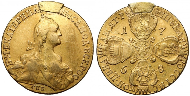 Rosja, Katarzyna II, 10 rubli 1768 Moneta ze śladem po zawieszce i najprawdopodo...