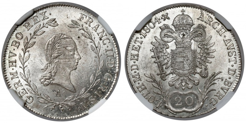 Austria, Franciszek II, 20 krajcarów 1804-A, Wiedeń 
Grade: NGC MS63 

More p...