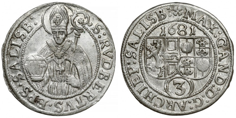 Austria, Salzburg, Max Gandolf von Kuenburg, 3 krajcary 1681 
Grade: XF+ 

Mo...