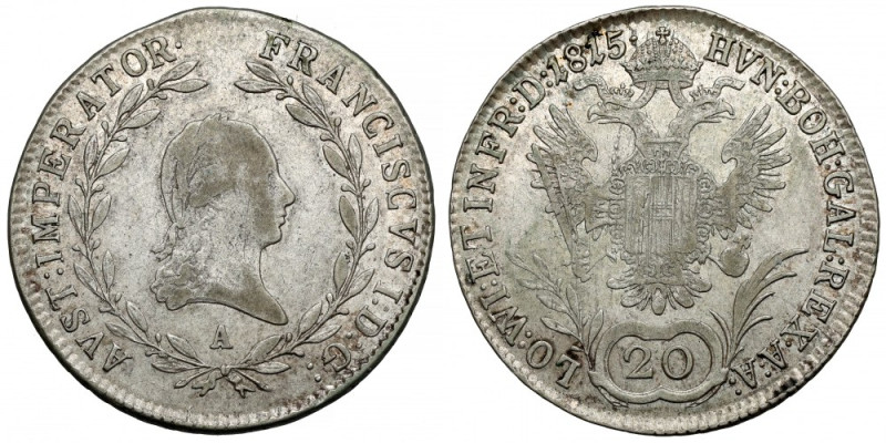 Austria, Franciszek I, 20 krajcarów 1820-A, Wiedeń W tle zachowane dużo naturaln...