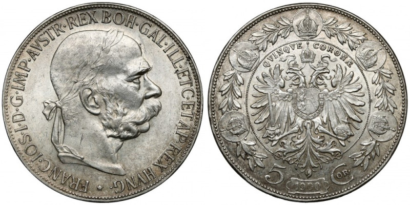 Austria, Franciszek Józef I, 5 koron 1900 Bardzo ładna, naturalna, jedynie z nie...