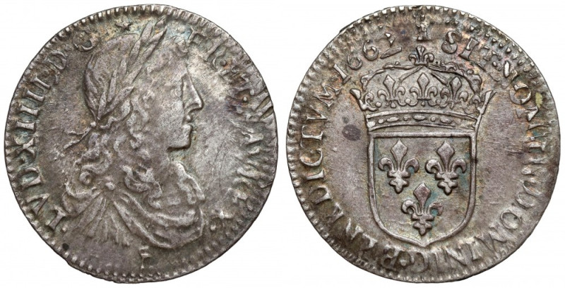 Francja, Ludwik XIV, 1/12 ecu 1662-D Moneta w starej patynie o bardzo ładnej pre...