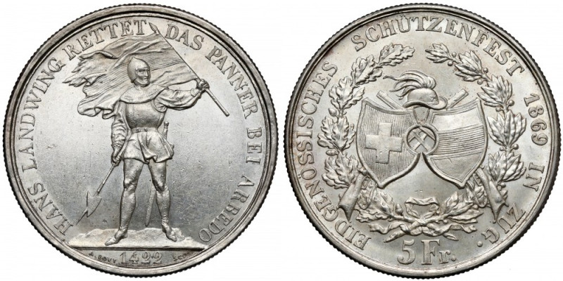 Szwajcaria, 5 franków 1869 - Festiwal strzelecki Zug 
Grade: XF/AU 

More pho...
