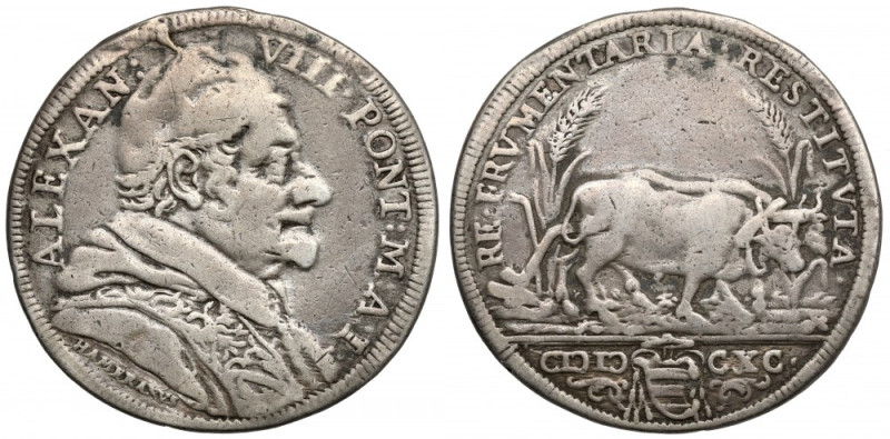 Watykan, Aleksander VIII, Teston bez daty (1690) Moneta po zawieszce.&nbsp; Sreb...