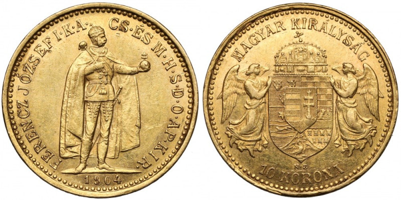 Węgry, Franciszek Józef I, 10 korona 1904 KB Złoto, waga 3,4 g.&nbsp; 
Grade: X...