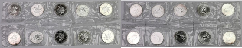 Kanada, 5 Dolarów 1989 Liść Klonowy, zestaw (10szt) = 10 oz Ag.999 Monety w blis...