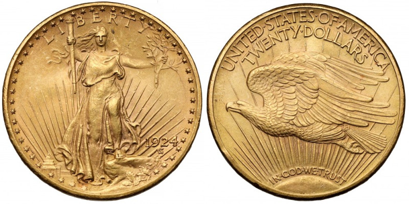 USA, 20 dolarów 1924 Złoto, średnica 34 mm, waga 33,3 g.&nbsp; 
Grade: XF+/AU ...