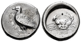 Sicily. Akragas. Tetradrachm. 470-460 BC. (Hgc-2, 77). (Westermark-383). Anv.: Sea eagle standing left; around, AKRAC - ANTOΣ partially retrograde. Re...