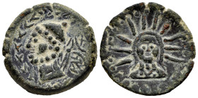 Malaka. Unit. 200-20 BC. Malaga. (Abh-1730). (Acip-790). (C-13). Anv.: Head of Vulcan left, tongs and punic legend behind. Rev.: Head of Helios facing...