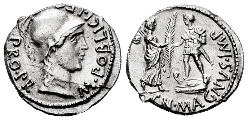 Pompeius Magnus. Cn. Pompeius Magnus y M. Poblicius. Denarius. 46-45 BC. Hispani...