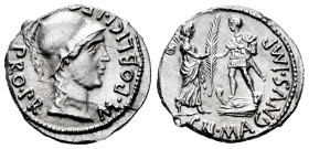 Pompeius Magnus. Cn. Pompeius Magnus y M. Poblicius. Denarius. 46-45 BC. Hispania. (Ffc-3). (Craw-469/e). (Cal-1147). Anv.: M. POBLICI. LEO. PRO. PR. ...