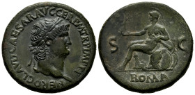 Nero. Sestertius. 65 AD. Rome. (Ric-277). (Bmc-232). Anv.: NERO CLAVD CAESAR AVG GER PM TR P IMP PP, Laureate bust right. Rev.: ROMA S C, Rome in mili...