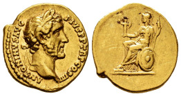 Antoninus Pius. Aureus. 147 AD. Rome. (Ric-III 159c). (Calicó-1455). Anv.: ANTONINVS AVG PIVS P P TR P COS IIII. Laureate bust to right. Rev.: Roma se...