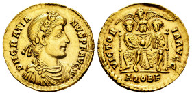 Gratian. Solidus. 375-383 AD. Aquileia. (Spink-Unlisted). Anv.: D N GRATIANVS P F AVG. Bust right. Rev.: VICTORIA AVGG. Emperors seated front with glo...