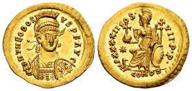 Theodosius II. Solidus. 441-450 AD. Constantinople. (Ric-X 293). (Depeyrot-84/1). Anv.: D N THEODOSIVS • P • F • AVG, pearl-diademed, helmeted and cui...