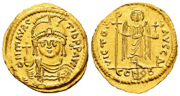 Mauricius Tiberius. Solidus. 583-601 AD. Constantinople. (MIBE-6). (Doc-5d). (Sear-478). Anv.: ∂ N mAVRC TIЬ P P AVC, draped and cuirassed bust facing...